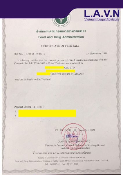 cfs mỹ phẩm -chứng nhận chữ ký trên CFS tại Bộ ngoại giao Thái Lan