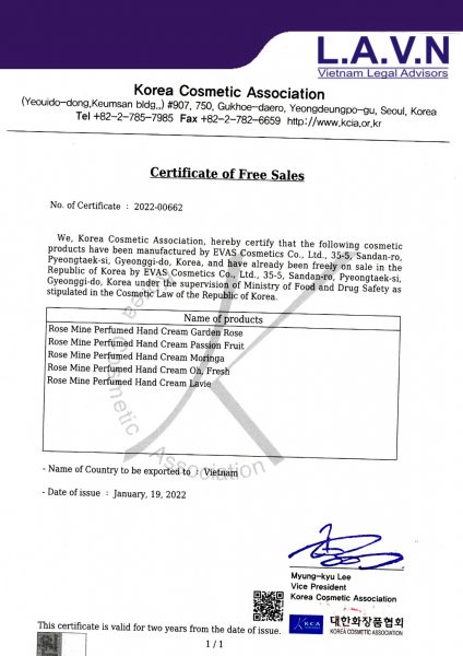 Hình ảnh mẫu giấy chứng nhận lưu hành tự do CFS Hiệp Hội Thẩm Mỹ Hàn Quốc cấp